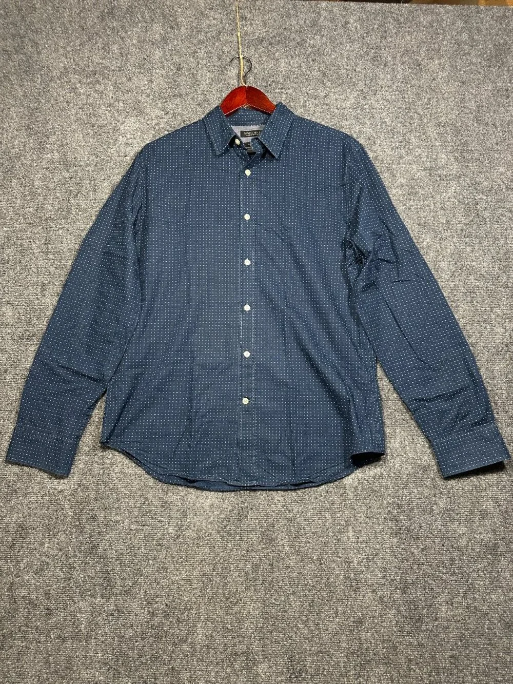 Banana Republic Shirt Mens Medium Grant Fit Custom Wash Blue White Polka Dot